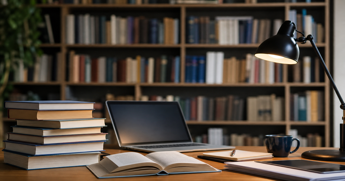 Bureau met boeken, laptop en een boekenkast — de bronnen achter het genderdebat