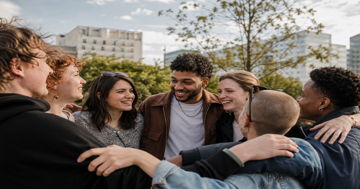 Groep jonge volwassenen omarmt elkaar buiten in de stad — Detrans Awareness Day in Washington
