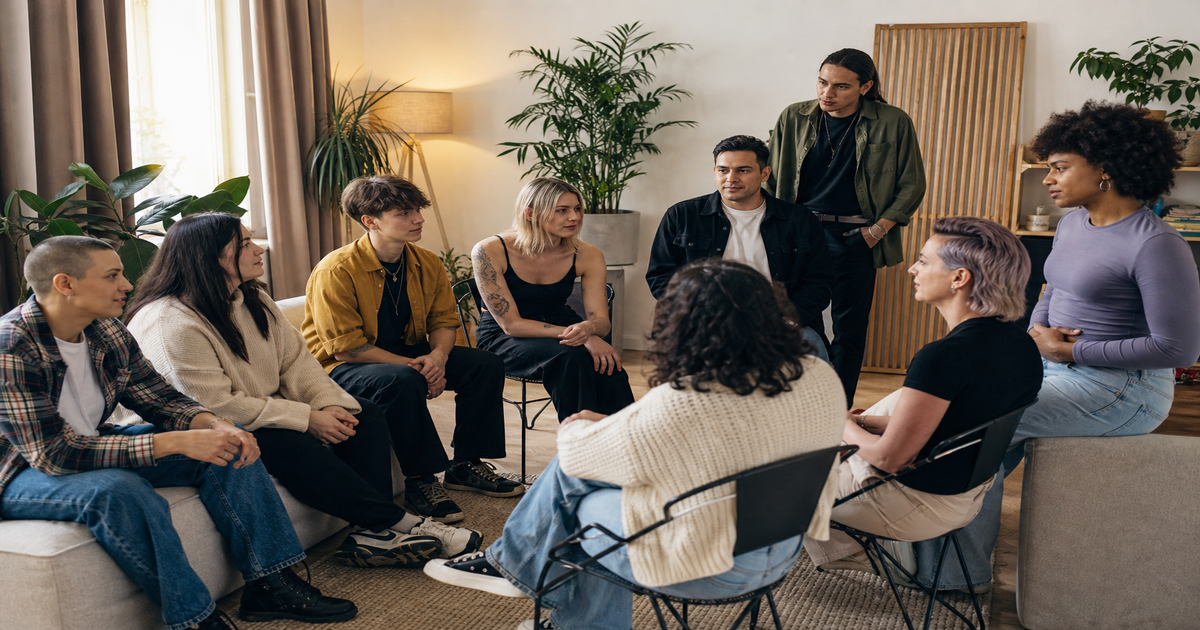 Mensen in gesprek in een huiselijke kring — de vele stemmen van de transgemeenschap